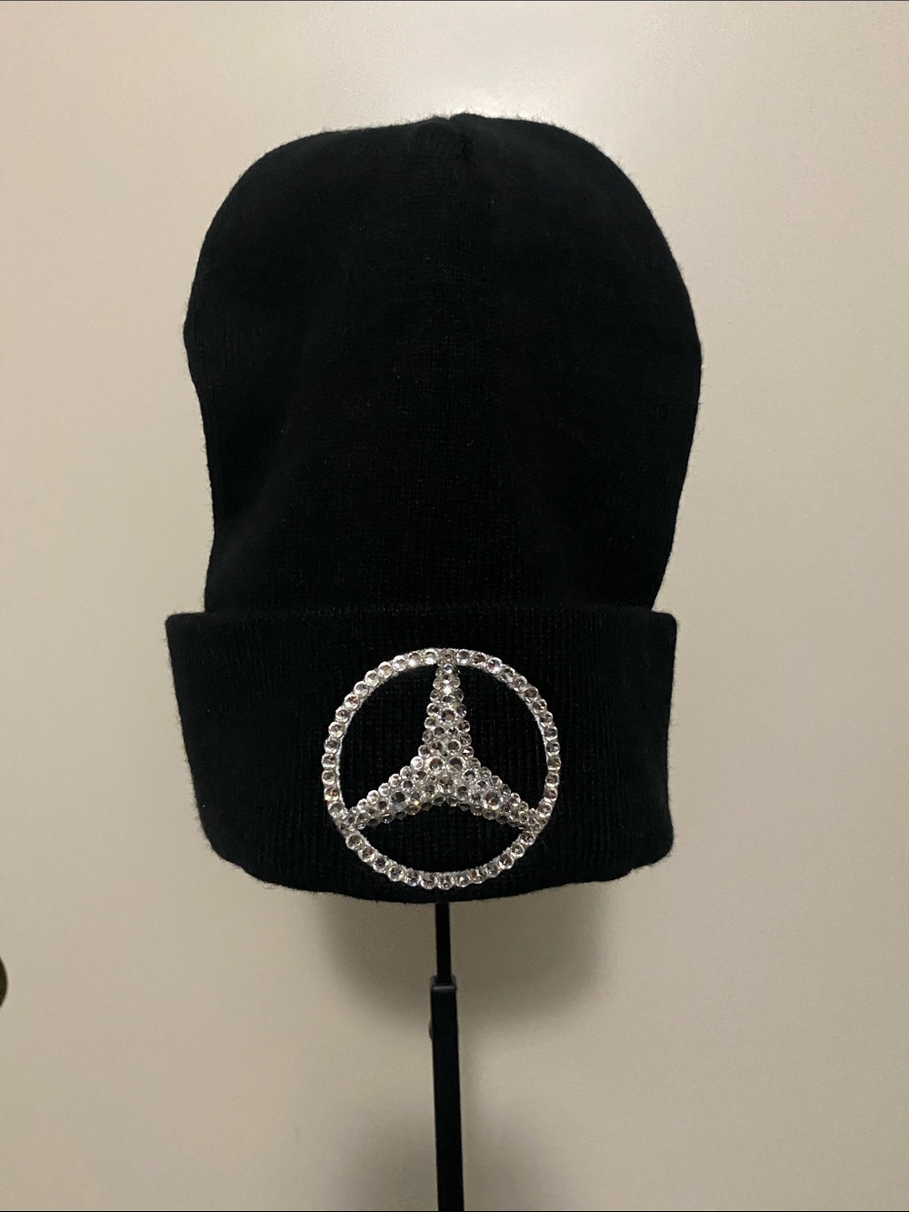Mercedes Benz Black Rhinestone Emblem Knit Beanie - Women